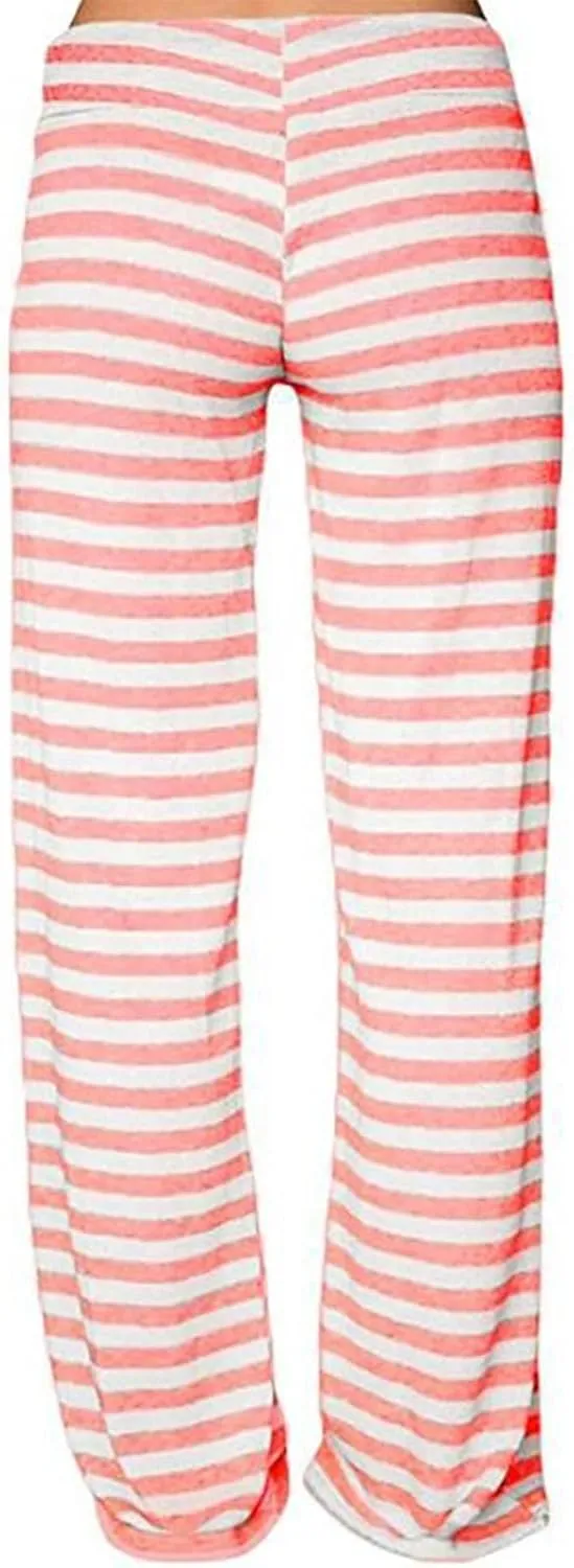 Womens Pajama Pants Stripe Straight Leg Casual Lounge Pant Drawstring Palazzo Pant Wide Leg Comfy Trousers with Pocket
