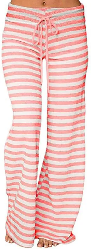 Womens Pajama Pants Stripe Straight Leg Casual Lounge Pant Drawstring Palazzo Pant Wide Leg Comfy Trousers with Pocket