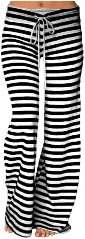 Womens Pajama Pants Stripe Straight Leg Casual Lounge Pant Drawstring Palazzo Pant Wide Leg Comfy Trousers with Pocket
