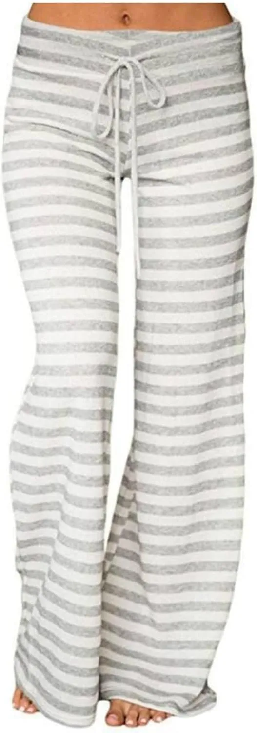 Womens Pajama Pants Stripe Straight Leg Casual Lounge Pant Drawstring Palazzo Pant Wide Leg Comfy Trousers with Pocket
