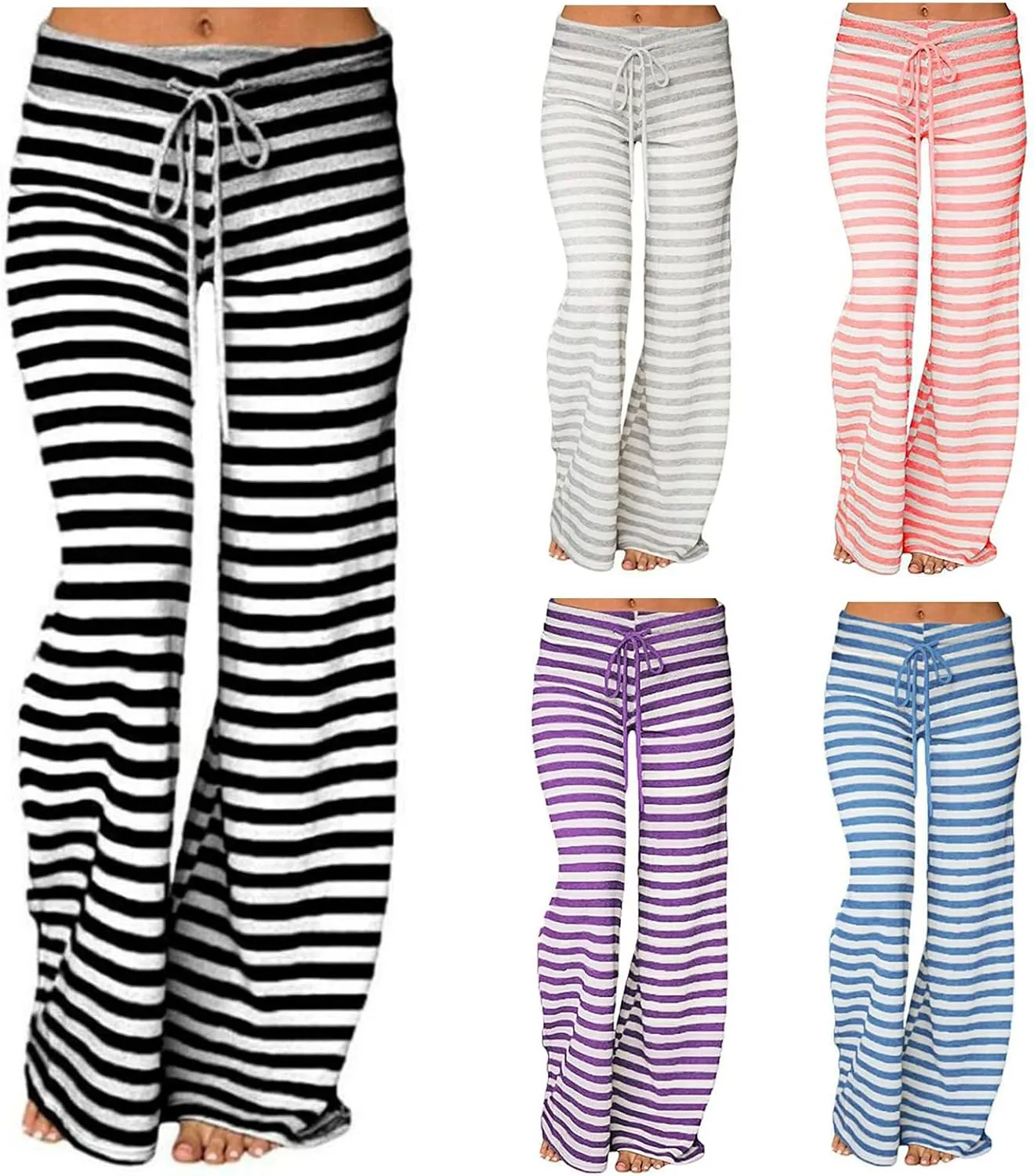 Womens Pajama Pants Stripe Straight Leg Casual Lounge Pant Drawstring Palazzo Pant Wide Leg Comfy Trousers with Pocket