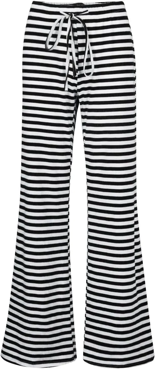 Womens Pajama Pants Stripe Straight Leg Casual Lounge Pant Drawstring Palazzo Pant Wide Leg Comfy Trousers with Pocket