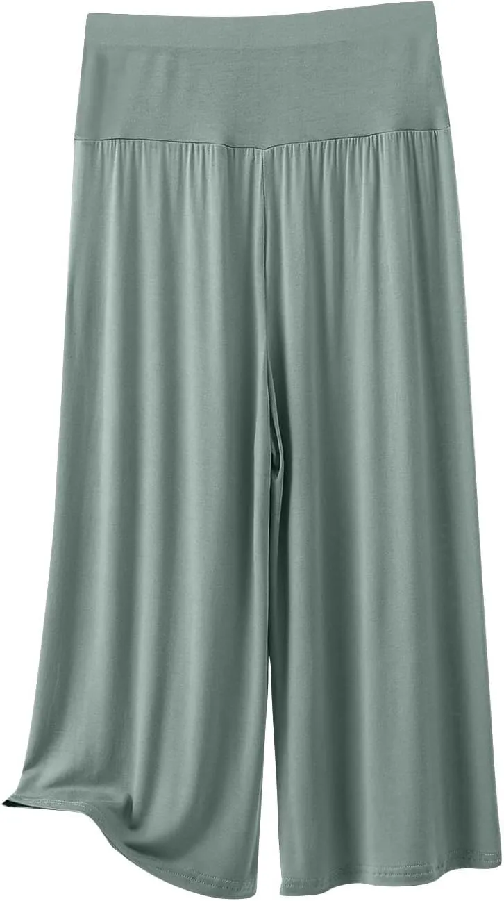 Womens Pleated Capri Pants Casual Elastic Waisted Baggy Comfy Trousers Solid Color Lightweight Home Capris