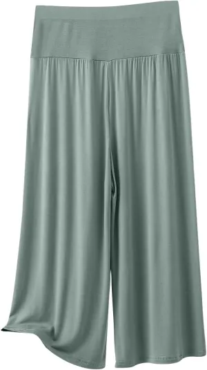 Womens Pleated Capri Pants Casual Elastic Waisted Baggy Comfy Trousers Solid Color Lightweight Home Capris