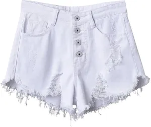 Women's Stylish Raw Edge Hollow Out Denim Chic High Waisted Loose Fit with Pockets Big Hem Shorts Outdoor Travel