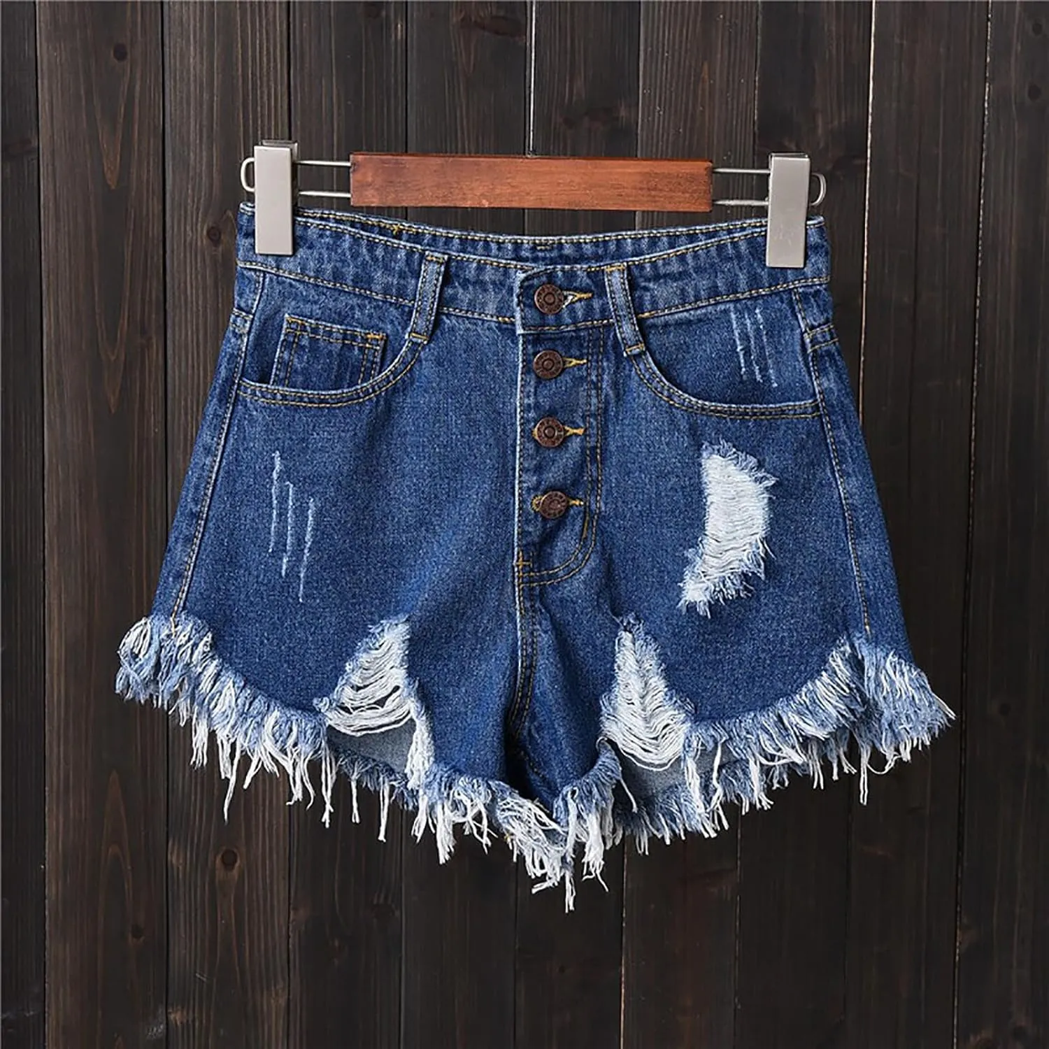 Women's Stylish Raw Edge Hollow Out Denim Chic High Waisted Loose Fit with Pockets Big Hem Shorts Outdoor Travel