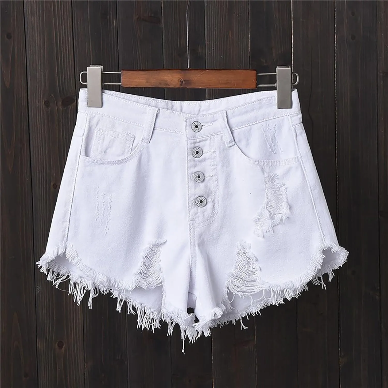 Women's Stylish Raw Edge Hollow Out Denim Chic High Waisted Loose Fit with Pockets Big Hem Shorts Outdoor Travel