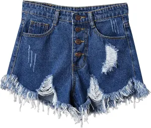 Women's Stylish Raw Edge Hollow Out Denim Chic High Waisted Loose Fit with Pockets Big Hem Shorts Outdoor Travel