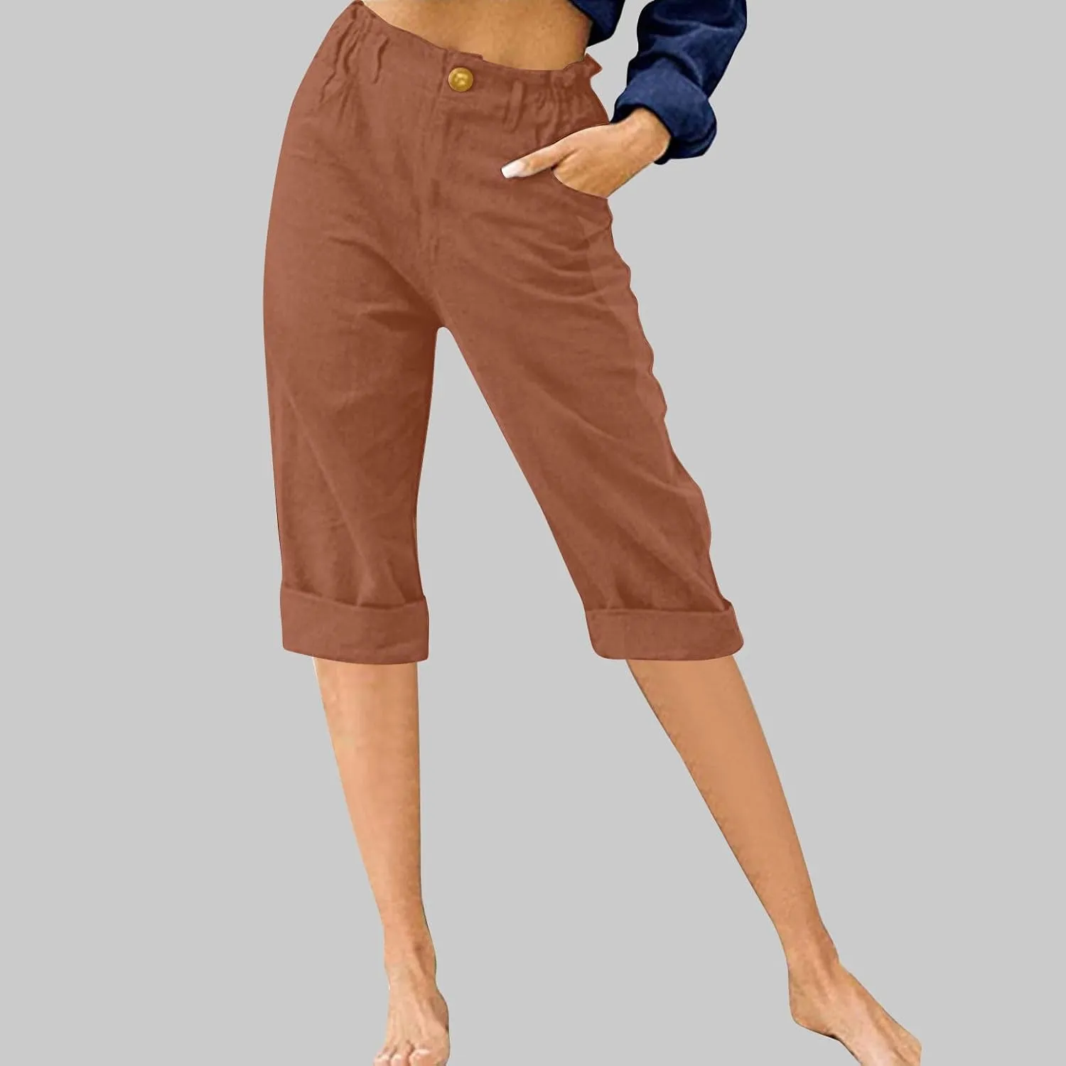 Womens Wide Leg Capri Pants Solid Color Straight Leg Lounge Trousers Botton Elastic Loose Pants Pockets Slim Fit Pants