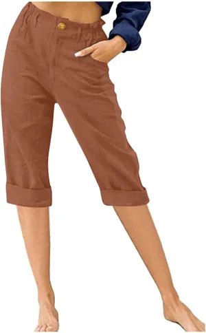 Womens Wide Leg Capri Pants Solid Color Straight Leg Lounge Trousers Botton Elastic Loose Pants Pockets Slim Fit Pants