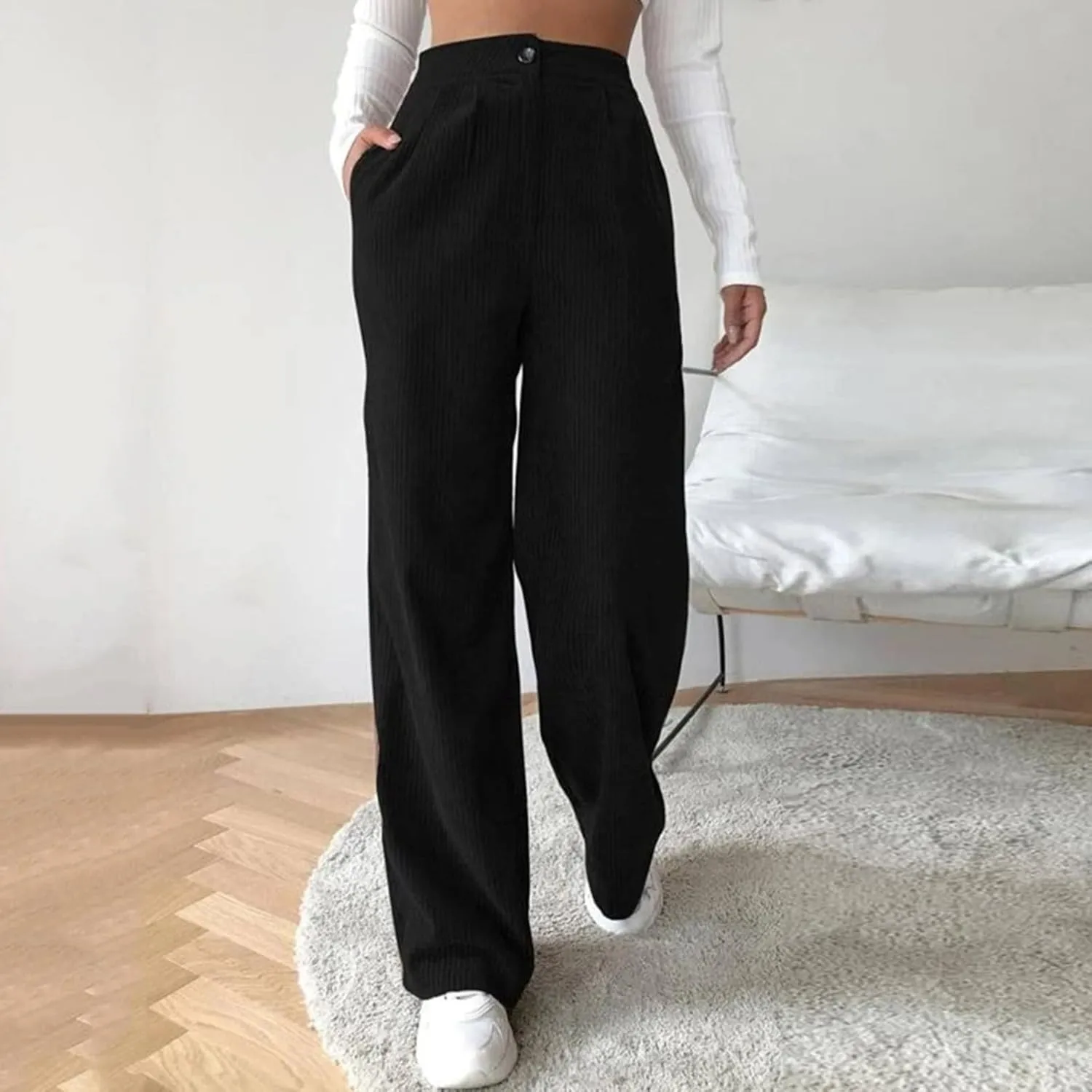 Womens Wide Leg Pants Corduroy High Waist Retro Straight Leg Trousers Casual Work Sweatpants Bottom Spring Fall Trendy