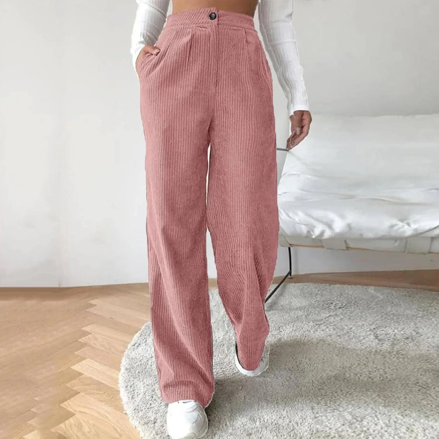 Womens Wide Leg Pants Corduroy High Waist Retro Straight Leg Trousers Casual Work Sweatpants Bottom Spring Fall Trendy