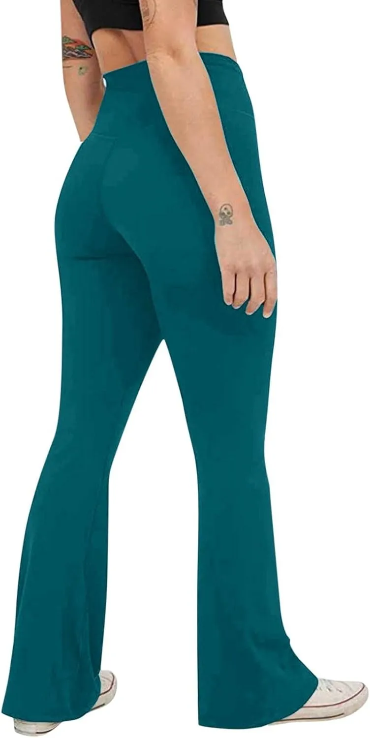 Yoga Pants for Women High Waist Bootleg Flare Leggings Plain Workout Athletic Pants with Pocket Compression Tummy Control